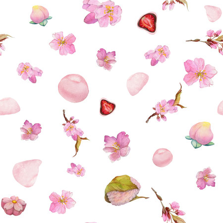 Watercolor seamless pattern with hand drawn traditional Japanese sweets. Wagashi, mochi, sakura blossom. Isolated on white background. Invitations, restaurant menu, greeting cards, print, textileの写真素材