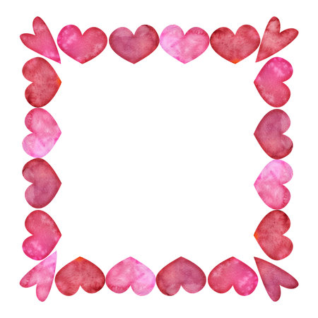 Watercolor hand drawn square frame of red, pink and purple hearts for Valentines day. Isolated on white background. Design for paper, love, greeting cards, textile, print, wallpaper, weddingの写真素材