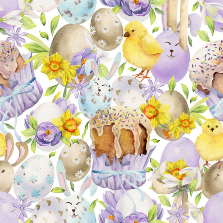 Watercolor hand drawn Easter celebration clipart. Seamless pattern with painted eggs, bows, flowers. Pastel color. Isolated on white background. For invitations, gifts, greeting cards, print, textileの写真素材