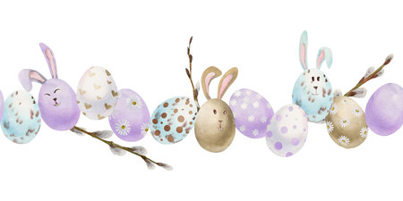 Watercolor hand drawn Easter celebration clipart. Seamless border with eggs, bunnies, flowers,...