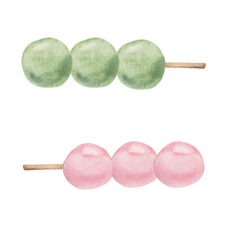 Watercolor hand drawn traditional Japanese sweets. Three color dango, pink, white and green....