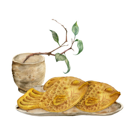 Watercolor hand drawn traditional Japanese sweets. Ceramic dish, wagashi with tea and leaves. Isolated on white background. Design for invitations, restaurant menu, greeting cards, print, textileの写真素材