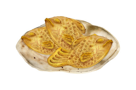 Watercolor hand drawn traditional Japanese sweets. Ceramic dish with taiyaki. Isolated on white background. Design for invitations, restaurant menu, greeting cards, print, textileの写真素材