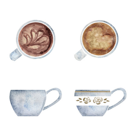 Watercolor hand drawn set of objects. Capuccino coffee cups, porcelain and gold, top and side view. Isolated on white background. For invitations, cafe, restaurant food menu, print, website, cardsの写真素材