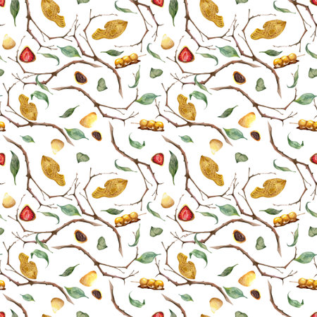 Watercolor seamless pattern with hand drawn traditional Japanese sweets. Taiyaki, mitarashi dango, mochi. Isolated on white background. Invitations, restaurant menu, greeting cards, print, textileの写真素材