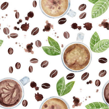 Watercolor hand drawn seamless pattern with coffee cups, beans, leaves, stains and splashes. Isolated on white background. For invitations, cafe, restaurant food menu, print, website, cardsの写真素材
