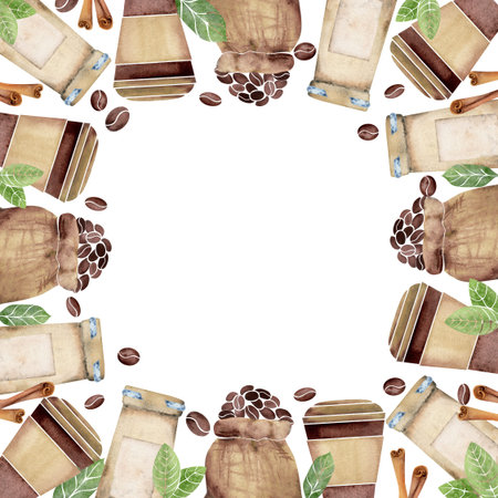 Watercolor hand drawn circle frame wreath with coffee bags, leaves, beans, cinnamon spice, jars. Isolated on white background. For invitations, cafe, restaurant food menu, print, website, cardsの写真素材