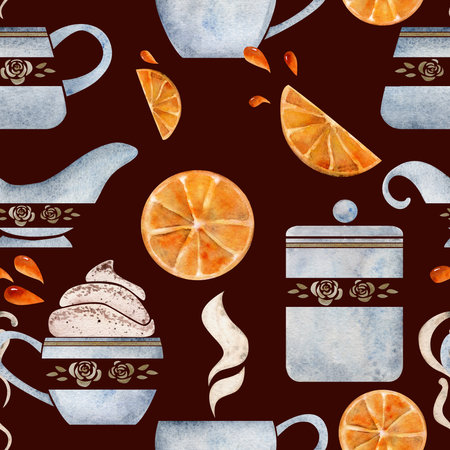 Watercolor hand drawn seamless pattern with coffee cups, beans, leaves, orange, jars and creamers. Isolated on dark background. For invitations, cafe, restaurant food menu, print, website, cardsの写真素材