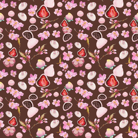 Watercolor seamless pattern with hand drawn traditional Japanese sweets. Wagashi, mochi, sakura blossom. Isolated on color background. Invitations, restaurant menu, greeting cards, print, textileの写真素材