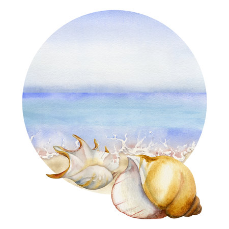 Hand drawn watercolor round composition. Seascape with beach, wave on sand, sea shells. Isolated on white background. Design wall art, wedding, print, fabric, cover, card, tourism, travel booklet.の写真素材