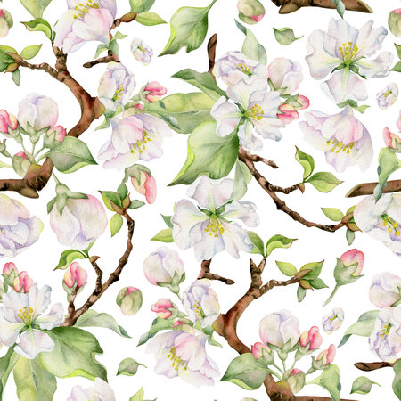 Hand drawn watercolor apple blossom, white and red flowers and green leaves. Seamless pattern. Isolated object on white background. Design for wall art, wedding, print, fabric, cover, card.の写真素材