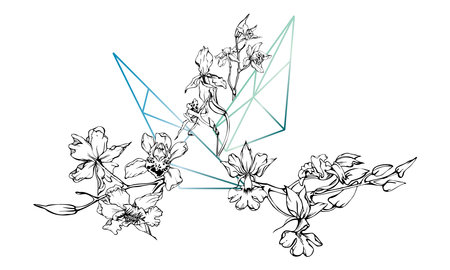 Hand drawn vector ink orchid flowers and branches, monochrome, detailed outline. Composition with crystal form. Isolated on white background. Design for wall art, wedding, print, tattoo, cover, card.のイラスト素材