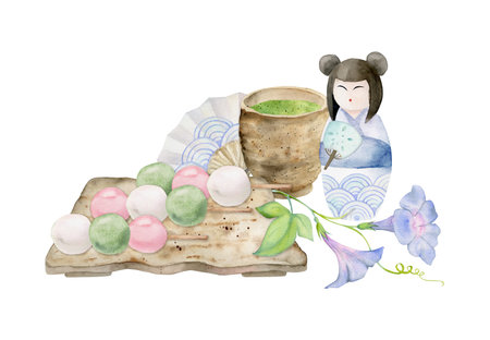 Watercolor hand drawn traditional Japanese sweets. Ceramic dish, dango, summer wagashi. Isolated on white background. Design for invitations, restaurant menu, greeting cards, print, textileの写真素材