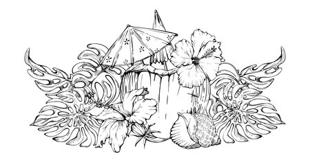 Hand drawn vector ink composition. Coconut cocktail with paper umbrellas, hibiscus flowers. Isolated on white background. Design wall art, wedding, print, fabric, cover, card, tourism, travel booklet.のイラスト素材