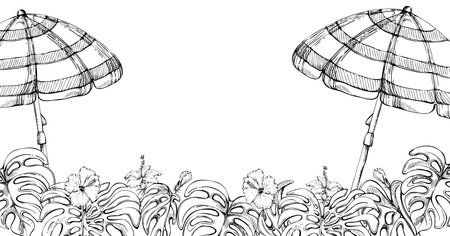 Hand drawn vector ink composition. Striped beach umbrellas, hibiscus and monstera leaves border. Isolated on white background. Wall art, wedding, print, fabric, cover, card, tourism, travel booklet.のイラスト素材