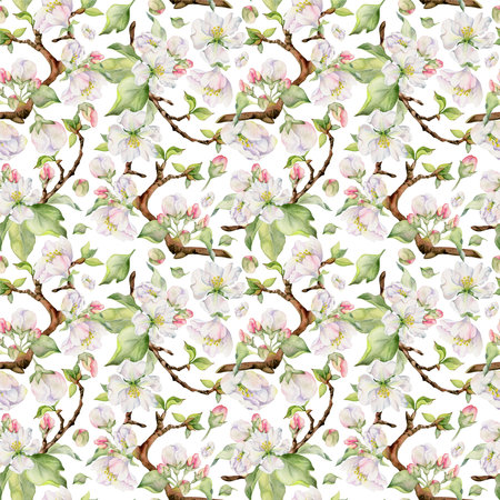 Hand drawn watercolor apple blossom, white and red flowers and green leaves. Seamless pattern. Isolated object on white background. Design for wall art, wedding, print, fabric, cover, card.の写真素材