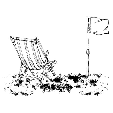 Hand drawn vector ink composition. Seascape with beach sketch flag and striped chair on shore. Isolated on white background. Wall art, wedding, print, fabric, cover, card, tourism, travel booklet.のイラスト素材