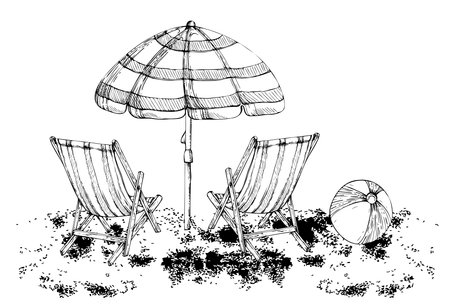 Hand drawn vector ink composition. Striped beach accessories, umbrellas and chairs on sand. Isolated on white background. Design wall art, wedding, print, fabric, cover, card, tourism, travel booklet.のイラスト素材