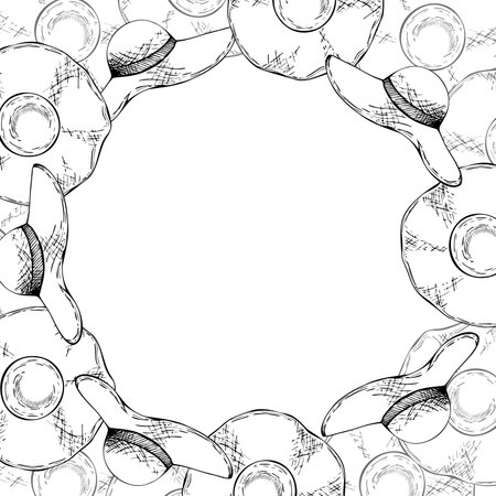 Hand drawn vector ink graphic wide straw sun hat with indigo ribbon. Circle wreath frame. Isolated on white background. Design wall art, wedding, print, fabric, cover, card, tourism, travel booklet.のイラスト素材