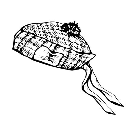 Ink hand drawn sketch of isolated fashion clothes object. Scottish tartan fomal beret hat cap bonnet headwear. Cultural heritage. Design for tourism, travel, brochure, guide, print, card, tattoo.のイラスト素材