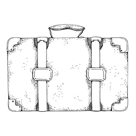 Ink hand drawn vector graphic sketch, silhouette of isolated object. Old vintage retro leather suitcase luggage baggage. Design for tourism, travel, brochure, wedding, guide, print, card, tattoo.のイラスト素材