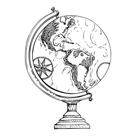 Ink hand drawn vector sketch of isolated object. Old vintage globe with world map for navigation, orientation. Americas view. Design for tourism, travel, brochure, wedding, guide, print, card, tattoo.のイラスト素材