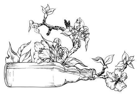 Hand drawn ink composition with apple flowers on branch with leaves and glass bottle. Isolated on white background. Design for wall art, wedding, print, fabric, cover, card, invitation.のイラスト素材