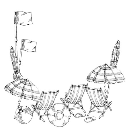 Hand drawn vector ink beach striped accessories bag chair umbrella. Square border frame. Isolated on white background. Design wall art, wedding, print, fabric, cover, card, tourism, travel booklet.のイラスト素材