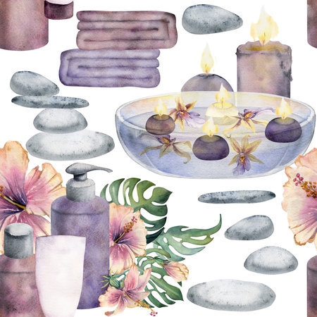 Hand drawn watercolor spa skincare bath beauty bottle and candles products package. Seamless pattern isolated on white background. For wall art, wellness resort, print, fabric, cover, card, booklet.の写真素材
