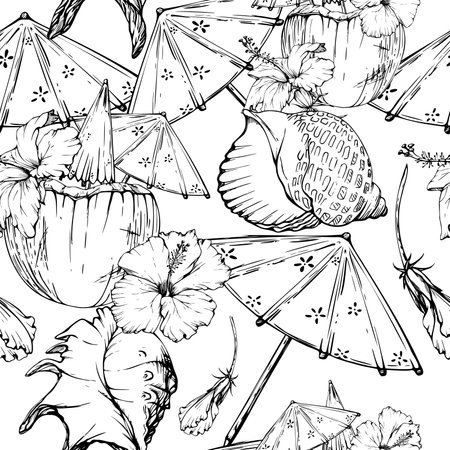 Hand drawn vector ink beach coconut cocktail with paper parasol and hibiscus. Seamless pattern. Isolated on white background. Wall art, wedding, print, fabric, cover, card, tourism, travel booklet.のイラスト素材