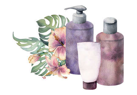 Hand drawn watercolor spa skincare bath beauty products package flowers. Horizontal composition Isolated on white background. Design for wall art, wellness resort, print, fabric, cover, card, booklet.の写真素材