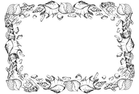 Hand drawn vector ink spiral pearl, brown and gold sea shells and starfish. Square border frame. Isolated on white background. Wall art, wedding, print, fabric, cover, card, tourism, travel booklet.のイラスト素材