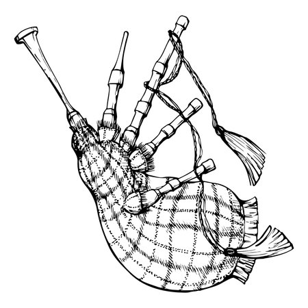 Ink hand drawn vector sketch of isolated object. Scotland symbol, tartan pattern traditional scottish bagpipe musical instrument. Design for tourism, travel, brochure, guide, print, card, tattoo.のイラスト素材