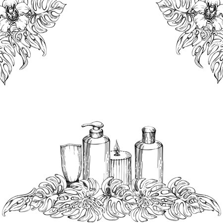 Hand drawn vector ink spa skincare bath beauty products package with flowers and leaves. Frame border. Isolated on white background. Design for wellness resort, print, fabric, cover, card, booklet.のイラスト素材