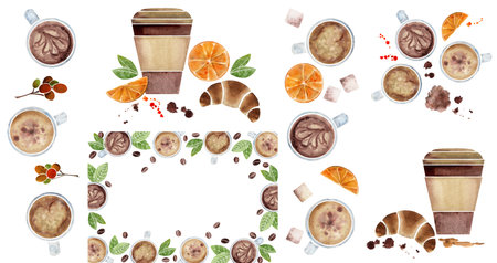 Watercolor hand drawn set of compositions with coffee cups, beans, leaves, orange, croissant, dishes. Isolated on white background. For invitations, cafe, restaurant food menu, print, website, cardsの写真素材