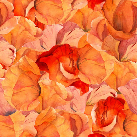 Watercolor seamless pattern with hand drawn summer bright red poppy flowers. Full filling of background. Design for invitations, wedding, love or greeting cards, paper, print, textileの写真素材