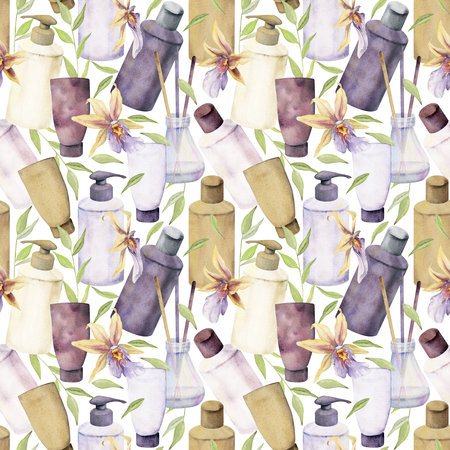 Hand drawn watercolor spa skincare bath beauty bottle and candles products package. Seamless pattern isolated on white background. For wall art, wellness resort, print, fabric, cover, card, booklet.の写真素材