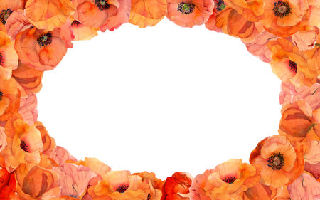Watercolor square oval frame composition with hand drawn summer bright red poppy flowers. Isolated on white background. Design for invitations, wedding, love or greeting cards, paper, print, textileの写真素材