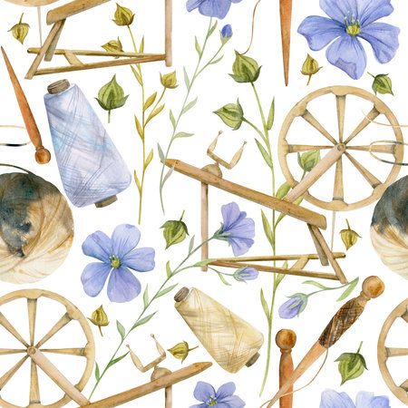 Hand drawn watercolor weave and spin equipment, thread. Hobby handcraft Natural flax linen plant. Illustration isolated seamless pattern on white background. Shop logo print, website, card, booklet.の写真素材