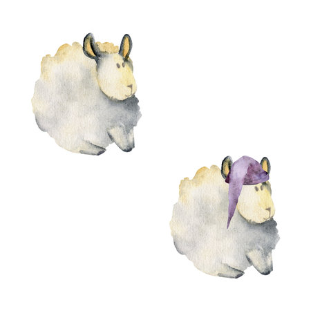 Watercolor hand drawn illustration, magical cute plush baby sheep animals, sleeping hats, cartoon toy character. Single object isolated on white background. Kids children bedroom, fabric, linens printの写真素材
