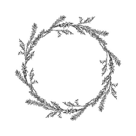 Ink hand drawn vector graphic sketch illustration. Flower circle wreath of heather branches with buds and leaves. Nature bloom vegetation. Design for tourism, travel, wedding, print, fabric, cardのイラスト素材
