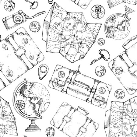 Ink hand drawn vector sketch. Seamless pattern. Suitcases luggage with stickers icons pins, old photo camera, globe and map. Design for tourism, travel, brochure, wedding, guide, print, card, tattoo.のイラスト素材