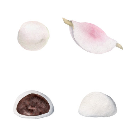 Watercolor hand drawn traditional Japanese sweets. Winter wagashi, mochi, hanabira, camellia....