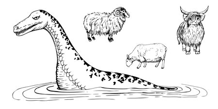 Ink hand drawn vector sketch of isolated objects. Scotland animal symbols. Sheep and ram, hairy coo highland cow, Loch Ness monster. Design tourism, travel, brochure, menu, guide, print, card, tattoo.のイラスト素材