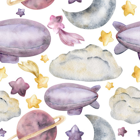 Watercolor hand drawn illustration, magical cosmos universe items, moon stars planets clouds airship balloon. Seamless pattern Isolated on white background. Kids, children bedroom, fabric, linen printの写真素材