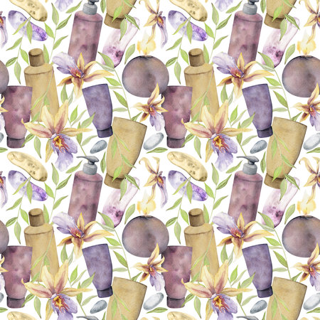 Hand drawn watercolor spa skincare bath beauty bottle and candles products package. Seamless pattern isolated on white background. For wall art, wellness resort, print, fabric, cover, card, booklet.の写真素材