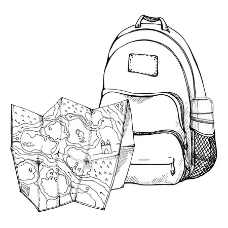 Ink hand drawn vector graphic outline sketch.Tourist accessories backpack rucksack bag, vacuum flask, navigation folded map. Design for tourism, travel, brochure, wedding, guide, print, card tattoo.のイラスト素材
