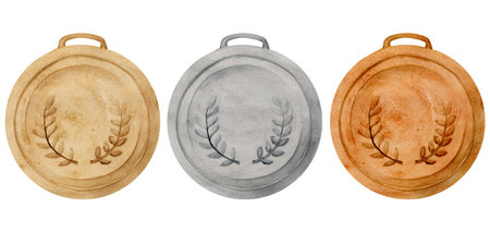 Hand drawn watercolor sports competition trophy prize, gold silver bronze medals for winners. Illustration isolated object, white background. Design poster, print, website, card, invitation, brochureの写真素材