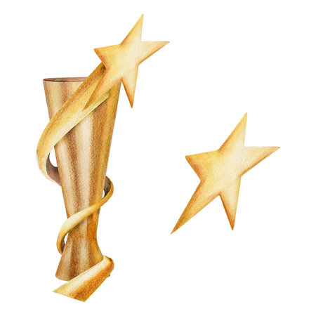 Hand drawn watercolor sports competition trophy prize, first place winner, gold cup and star. Illustration isolated object, white background. Design poster, print, website, card, invitation, brochureの写真素材