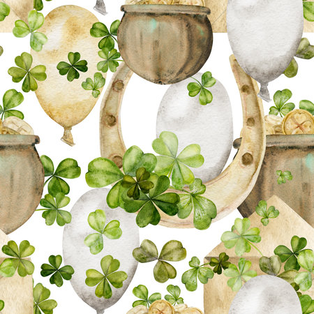 Watercolor hand drawn illustration, Saint Patrick holiday. Lucky clover, horseshoe, balloons pot gold. Ireland tradition. Seamless pattern Isolated white background. Ivitations, print, party, cards.の写真素材